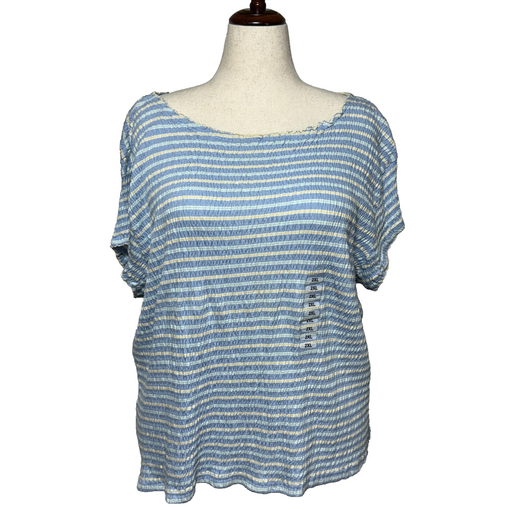 Woolrich Top Womens 2XL Blue Yellow Striped Chambray Suzanna Stretchy Beachy NWT